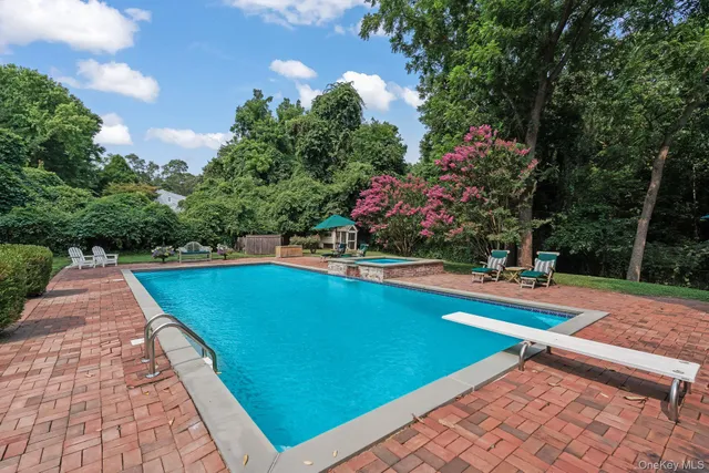 a view of swimming pool with sitting area and furniture