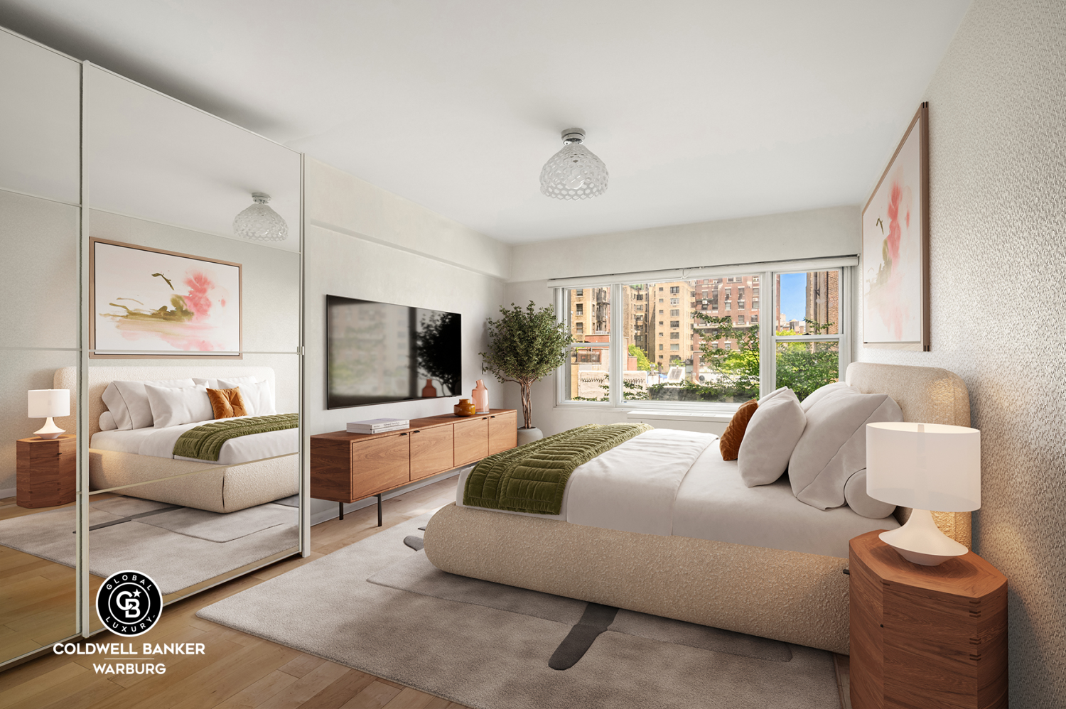 118 East 60th Street, Unit 7B Manhattan, NY 10022 - Photo 10 of 15 a bedroom with a large bed and a flat screen tv