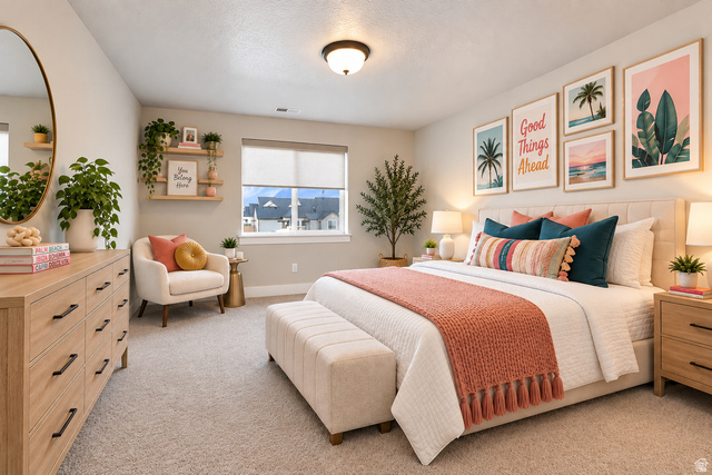 754 West 400 North Mapleton, UT 84664 - Photo 50 of 86 Virtually Staged for Decor Ideas. Carpeted flooring, window with roller shade, built-in shelving, ceiling-mounted light fixture, and upholstered bed frame