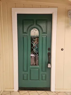 a view of a yard with potted plants