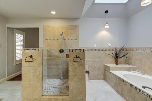 a bathroom with a bathtub and a shower