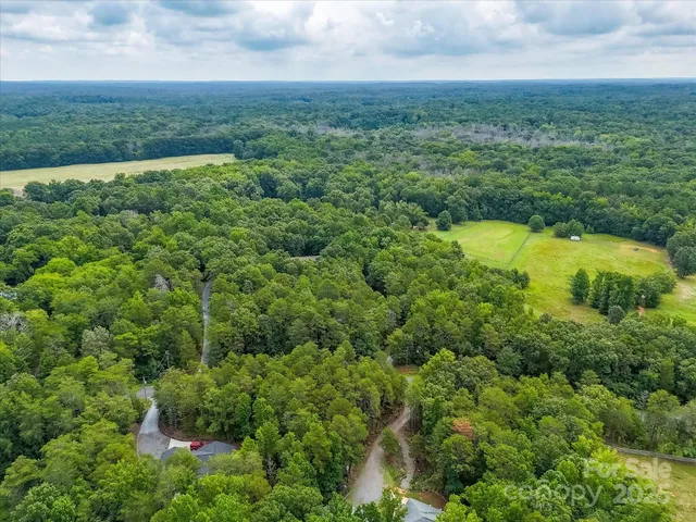 an aerial view of residential houses with outdoor space and trees