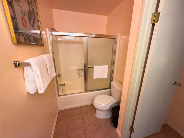 a bathroom with a toilet and a shower