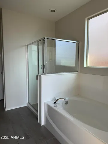 a bathroom with a bathtub and a shower