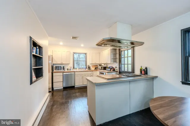 a kitchen with a stove and a wooden floors