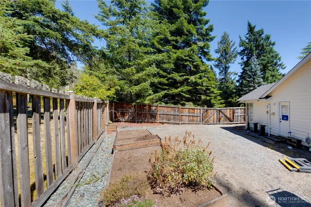 a view of a backyard with plants and a patio