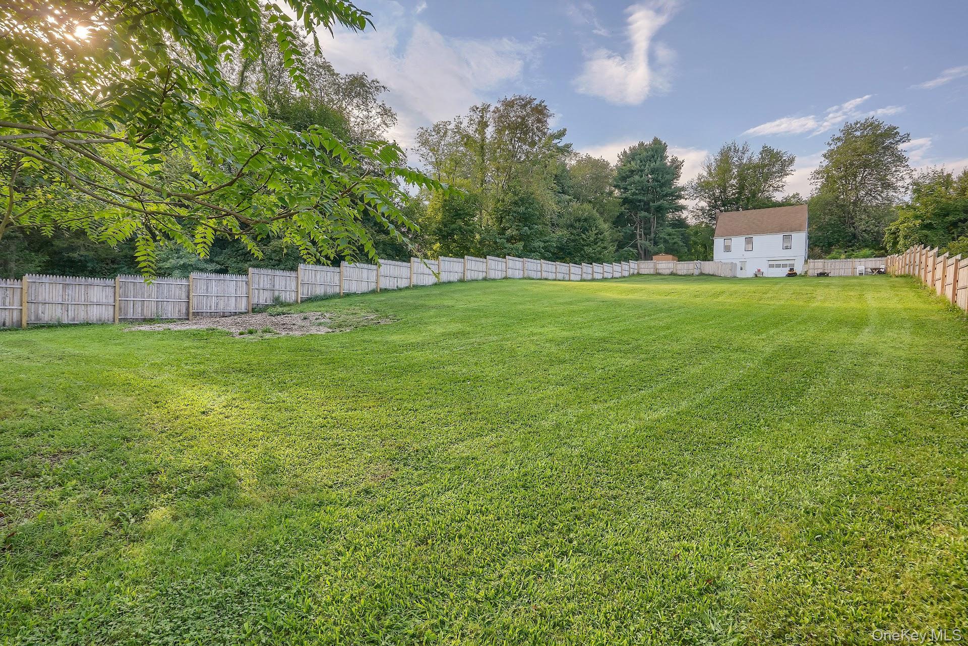 Fenced backyard featuring view of scattered trees