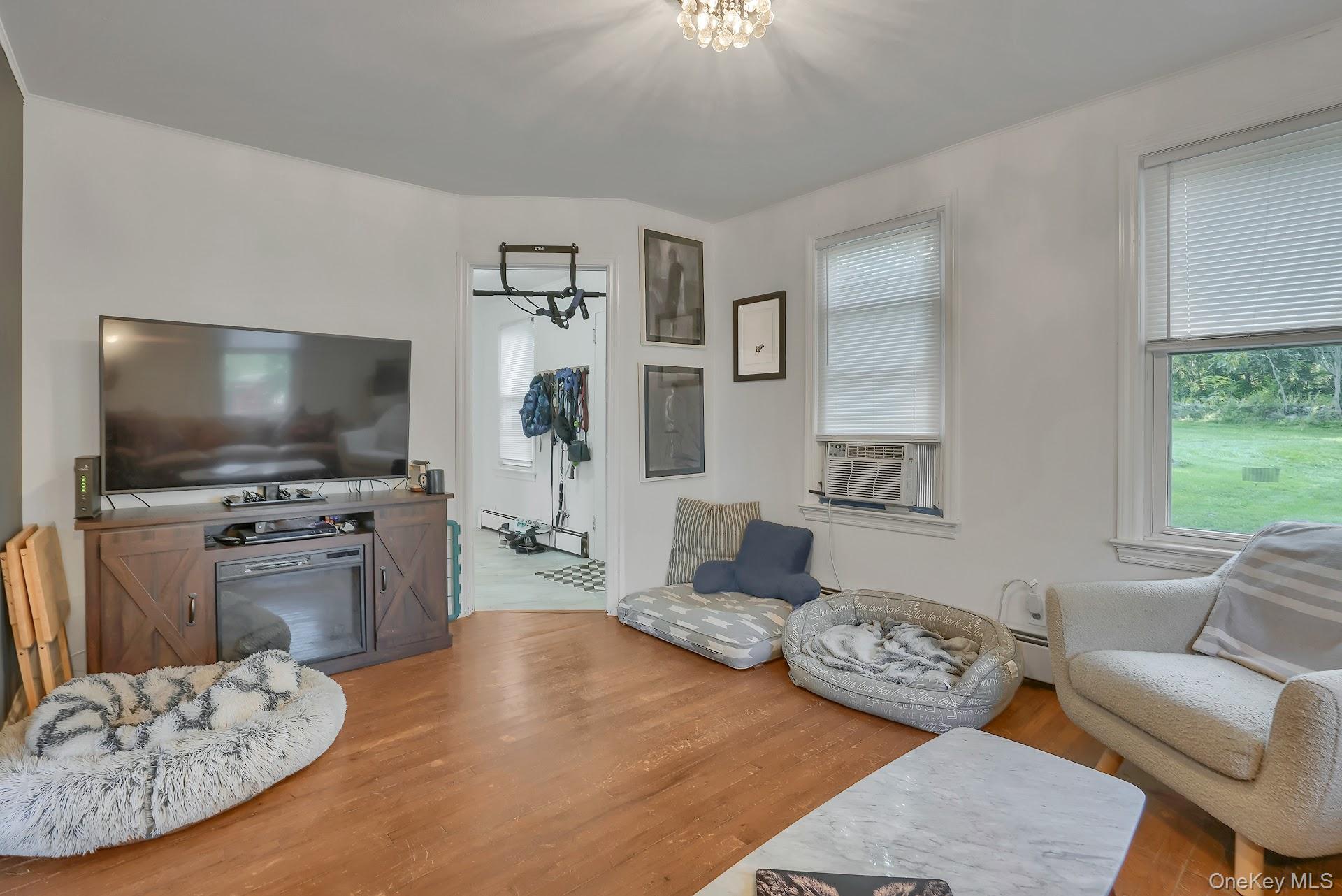71 Greycourt Road Chester, NY 10918 - Photo 12 of 38 Living room featuring light wood-style floors, cooling unit, a chandelier, and a baseboard radiator