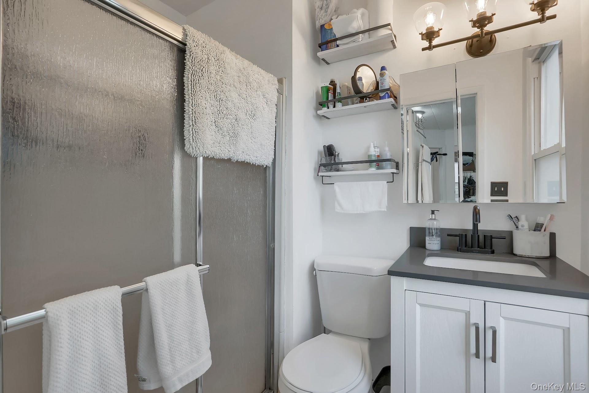 71 Greycourt Road Chester, NY 10918 - Photo 17 of 38 Full bath featuring a shower stall, vanity, and a chandelier