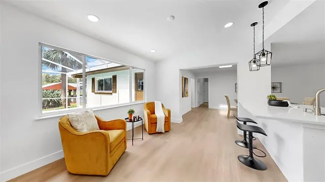 a view of a dining room with furniture