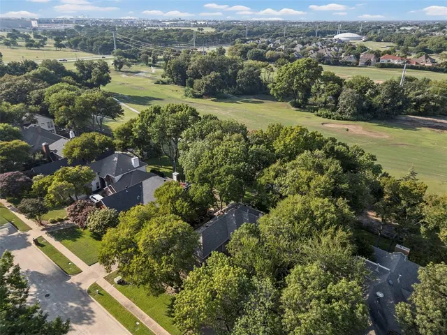 an aerial view of green landscape with trees houses and mountain view