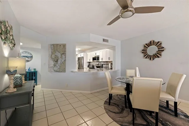 a view of a dining room with furniture