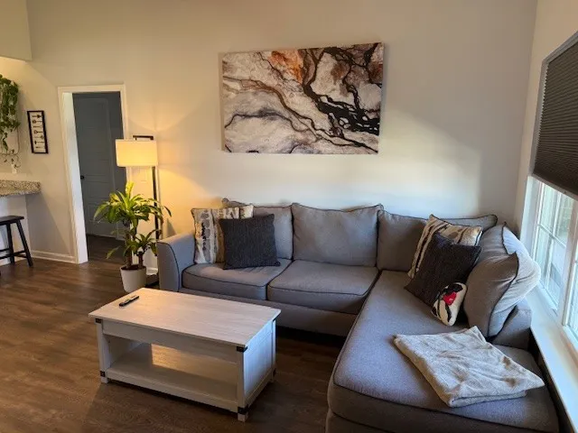 a living room with furniture and wooden floor