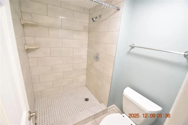 a bathroom with a shower and toilet