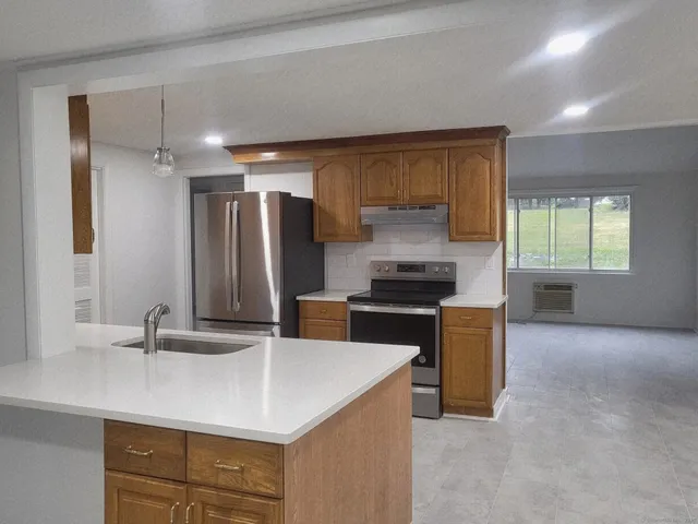 a kitchen with stainless steel appliances a sink stove and refrigerator