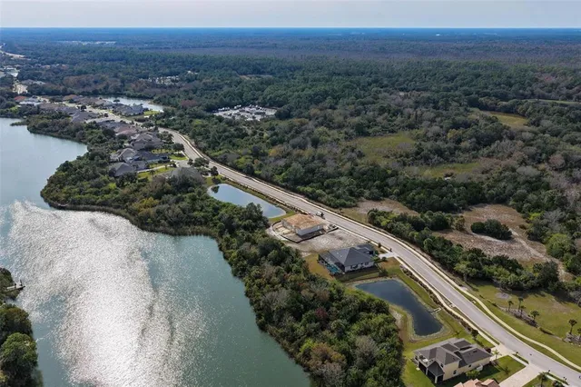 an aerial view of a city and lake view