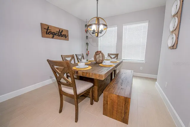 a view of a dining room with furniture and window