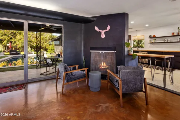 a view of a dining room with furniture