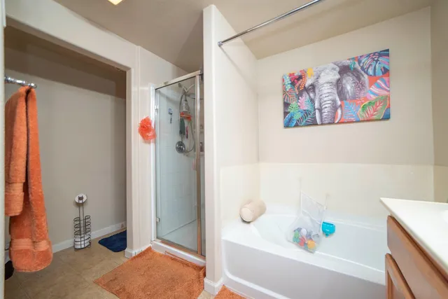 a bathroom with a bathtub and a shower