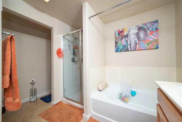 a bathroom with a bathtub and a shower