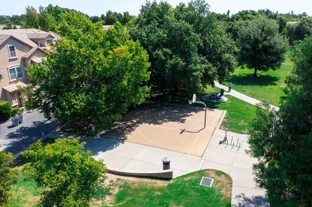 an aerial view of a backyard