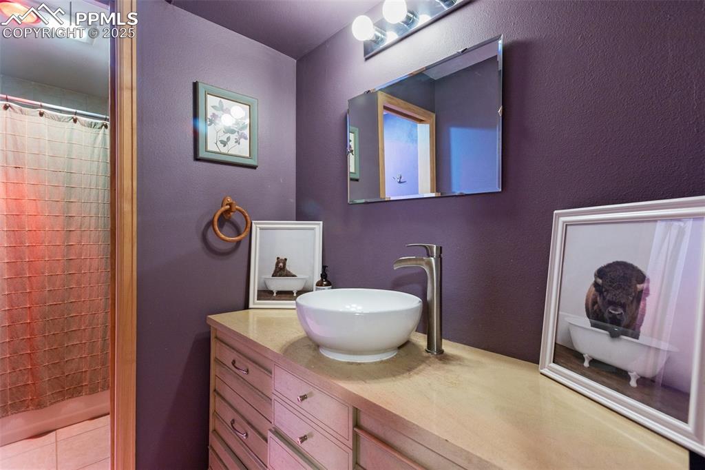 747 Pinon Ridge Drive Woodland Park, CO 80863 - Photo 21 of 32 a bathroom with a sink a mirror and a toilet