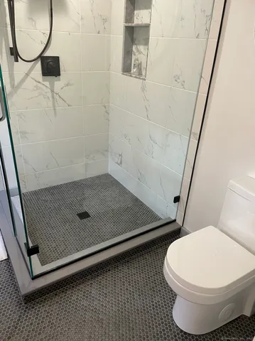 a bathroom with a toilet and a shower