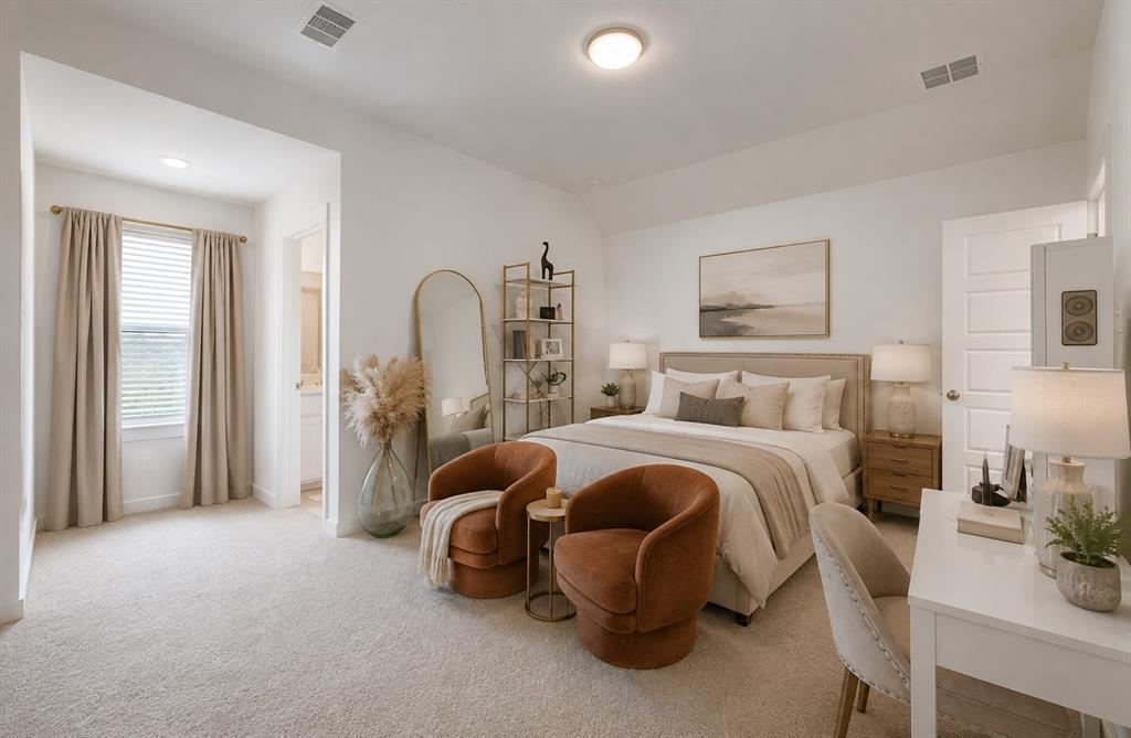 2150 Charming Frg Road Forney, TX 75126 - Photo 24 of 40 Recessed lighting, light-colored carpeting, window with blinds and drapes, five-panel door, and a built-in recessed wall niche