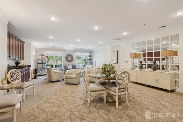 a view of a hallway with wooden shelves