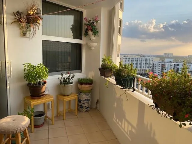 a view of a building from a balcony
