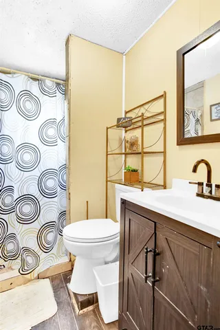 a bathroom with a toilet sink and mirror