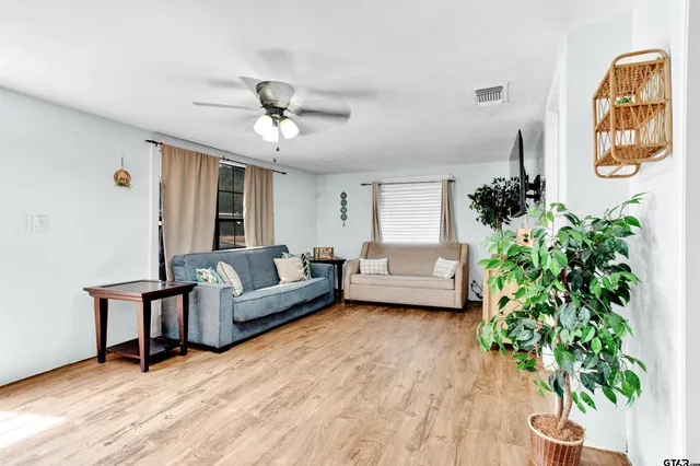 a living room with furniture and a potted plant