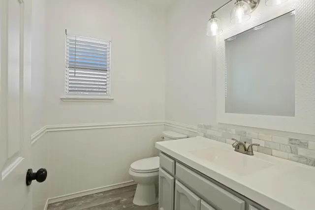 a bathroom with a sink a toilet and vanity