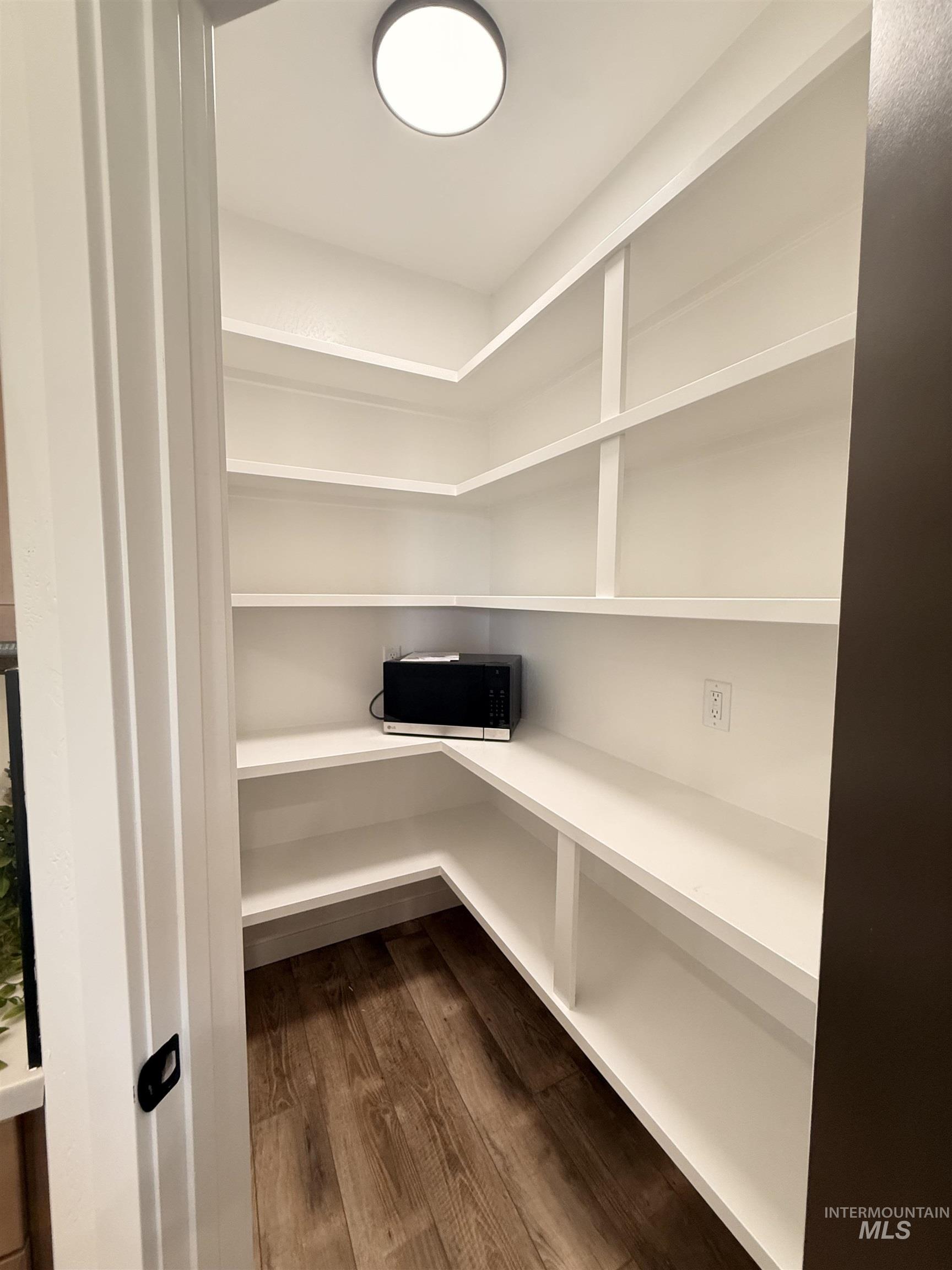 1220 Bronze Rupert, ID 83350 - Photo 12 of 30 Walk-in pantry featuring expansive white shelving, wood-finish flooring, and a flush-mount ceiling light fixture