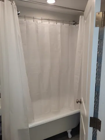 a bathroom with a shower and a tub
