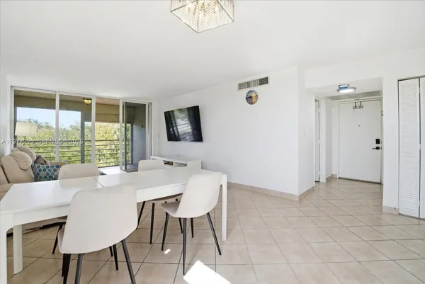 a view of a dining room with furniture window and outside view