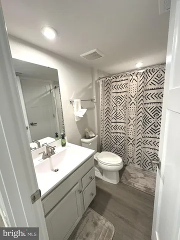 a bathroom with a sink a toilet and shower curtain