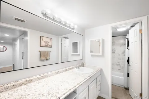 a bathroom with a granite countertop sink mirror and a shower