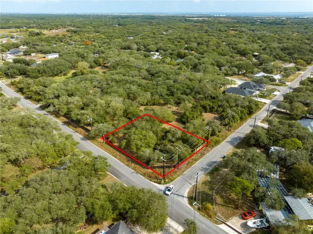 an aerial view of residential houses with outdoor space and trees