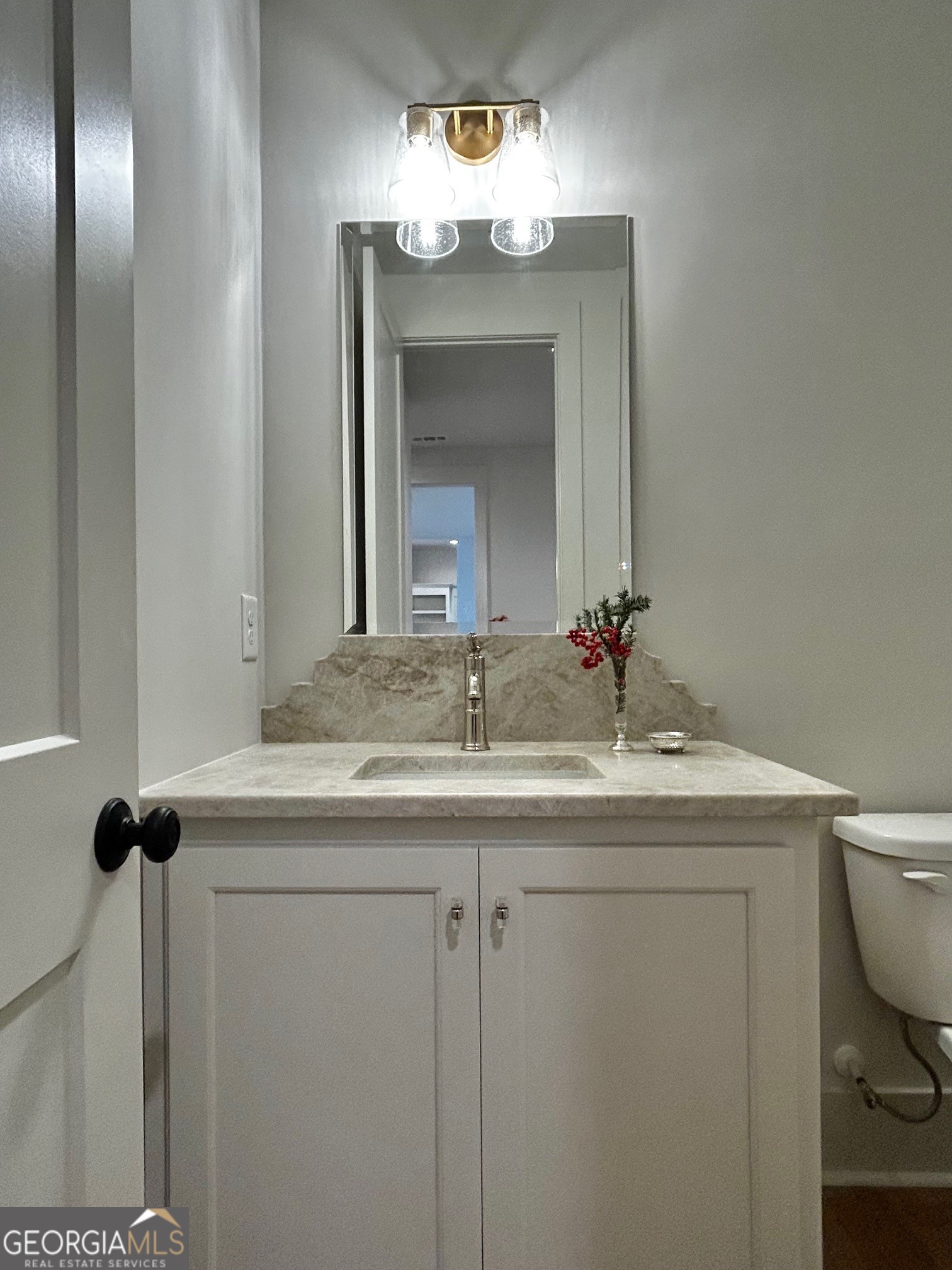 158 Snug Harbor Place Newnan, GA 30263 - Photo 65 of 94 a bathroom with a granite countertop sink a toilet and a mirror