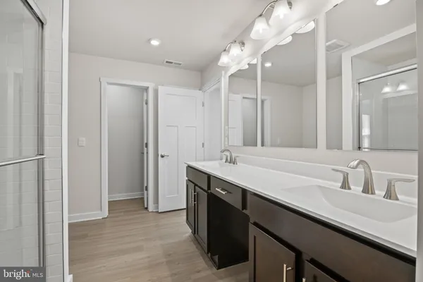 a bathroom with a double vanity sink a mirror and a shower