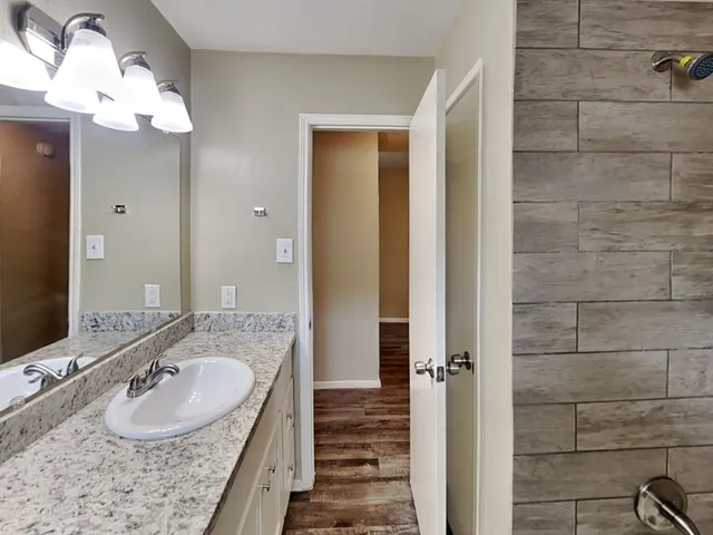 a bathroom with a granite countertop sink a mirror and shower