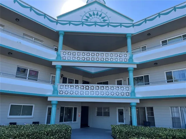 a view of a building with a large window