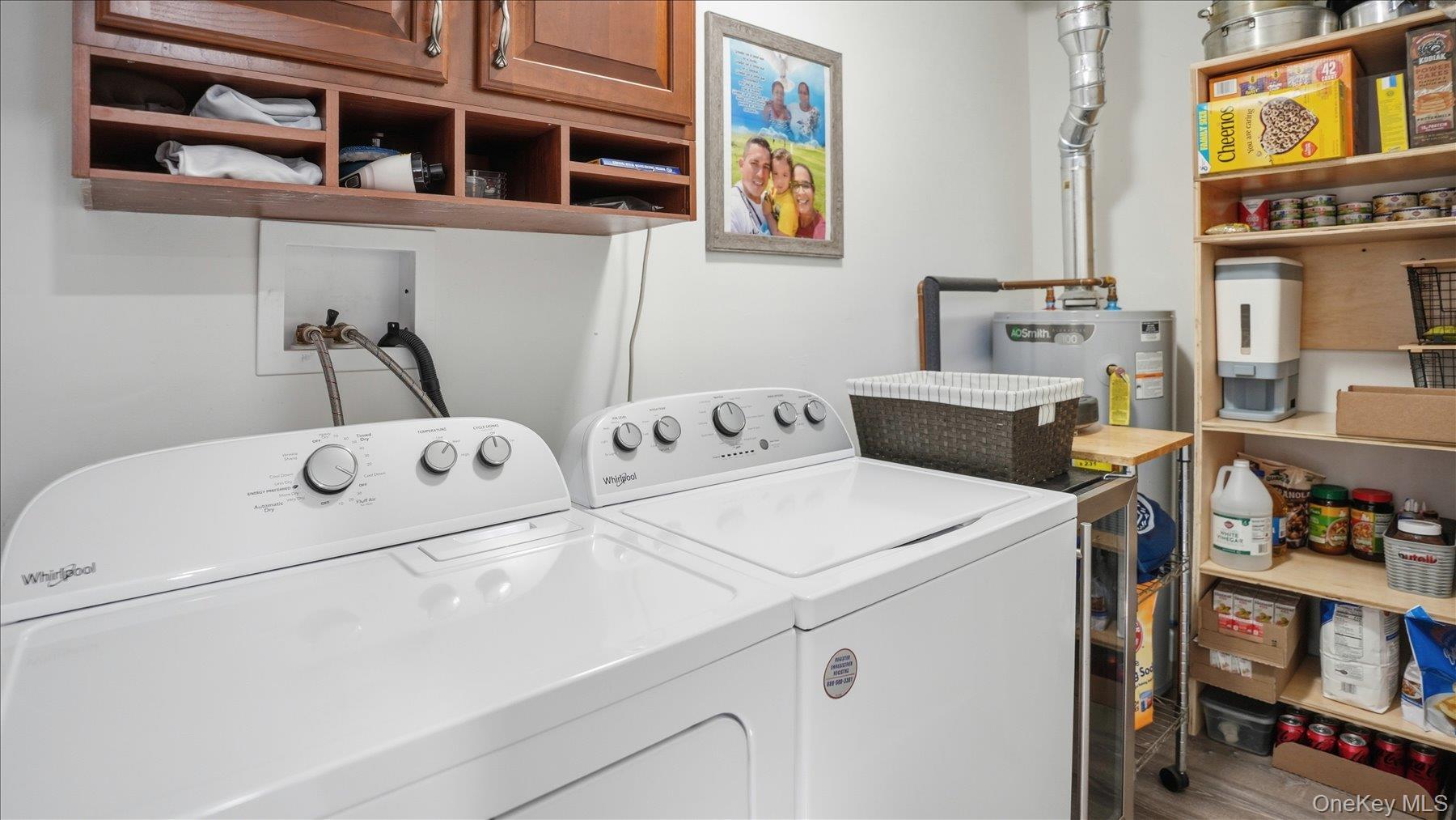 130 Beaver Dam Road Brookhaven, NY 11719 - Photo 25 of 30 Laundry area with washing machine and clothes dryer, water heater, and wood finished floors