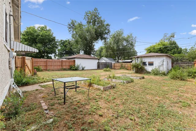a garden view with a seating space