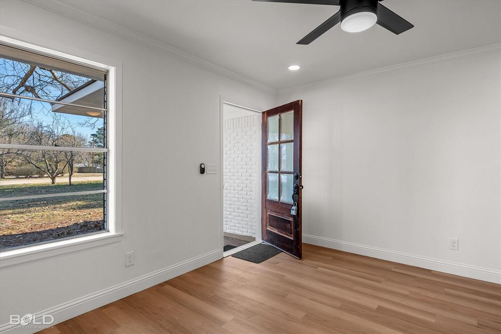 4136 Pines Road Shreveport, LA 71119 - Photo 2 of 38 Entryway with ornamental molding, wood finished floors, plenty of natural light, a ceiling fan, and recessed lighting
