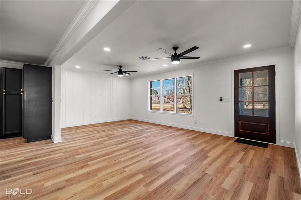 4136 Pines Road Shreveport, LA 71119 - Photo 6 of 38 Entrance foyer featuring light wood finished floors, ornamental molding, recessed lighting, and ceiling fan