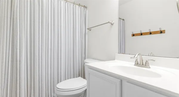 a bathroom with a sink a toilet and shower curtain