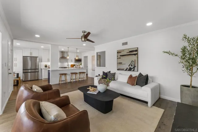 a living room with furniture kitchen view and a potted plant