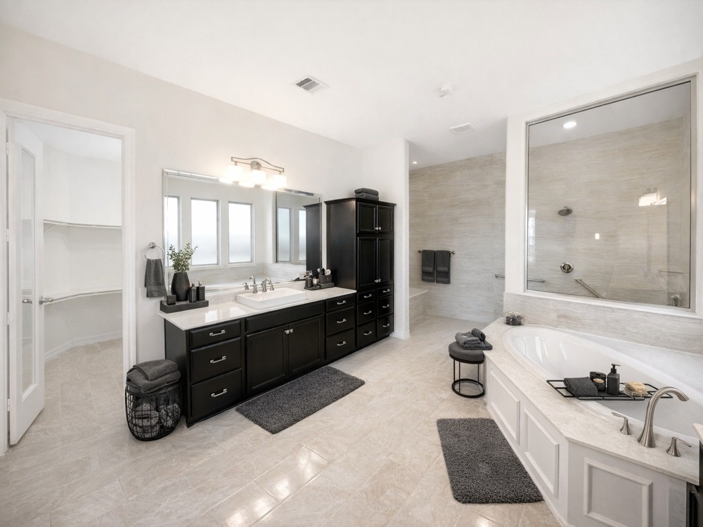 10407 Roseate Skimmer Conroe, TX 77385 - Photo 16 of 30 a spacious bathroom with a tub a double vanity sink double vanity and a mirror
